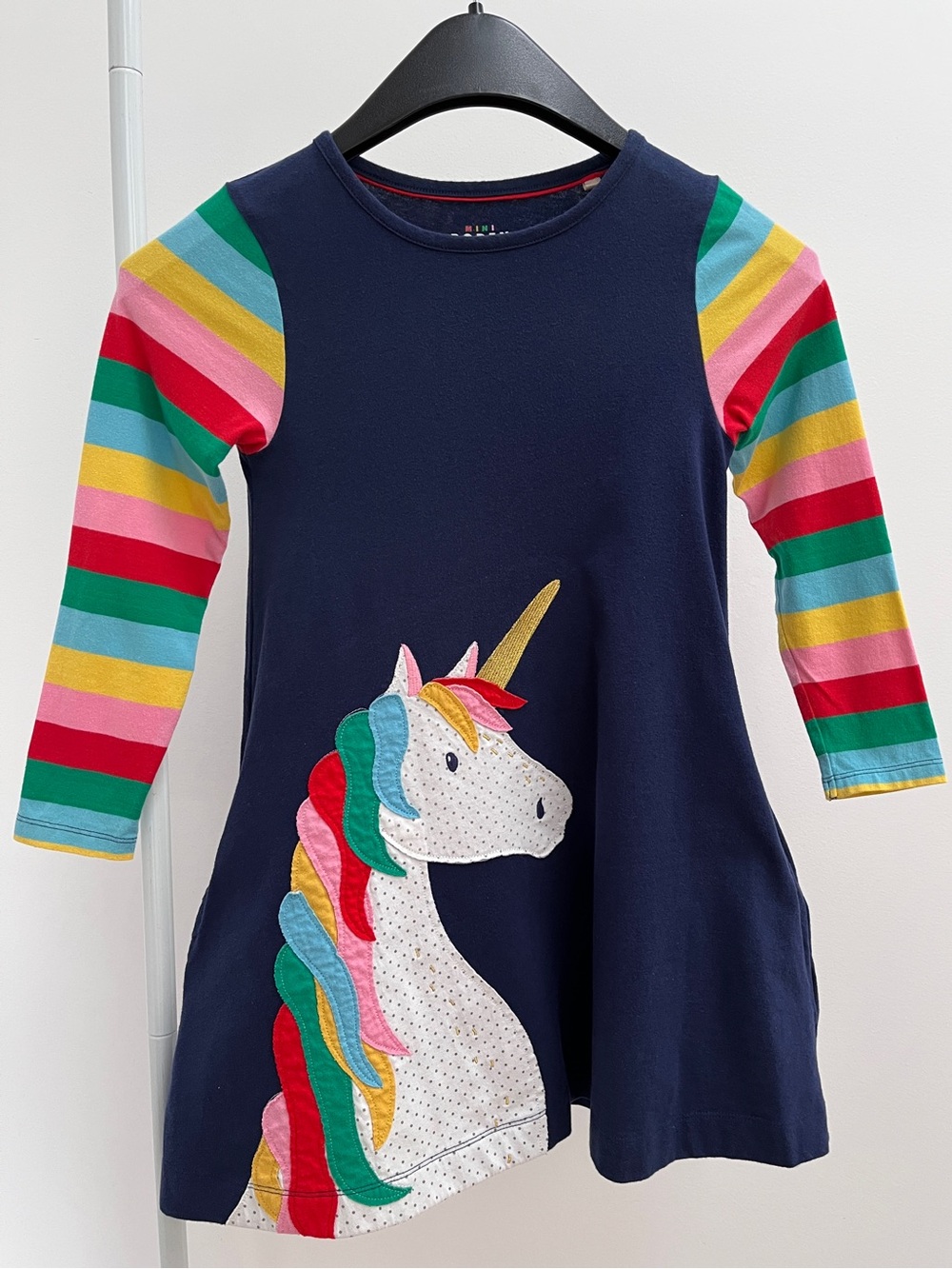Mini Boden unicorn appliqué rainbow long sleeve cotton jersey dress 6-7Y pockets